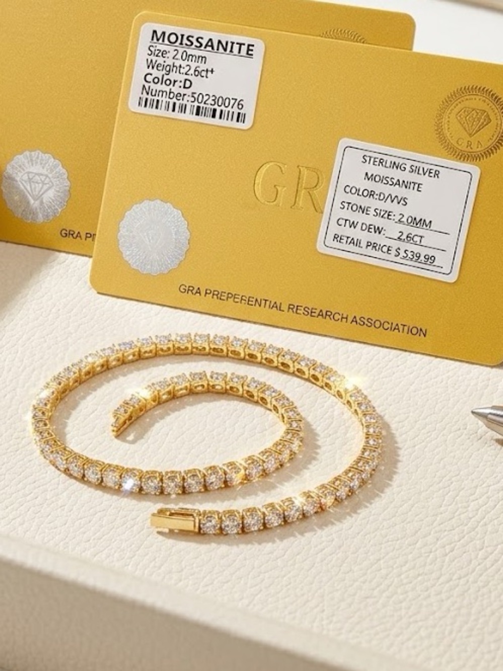 NWT 7" Gold-Plated .925 Sterling Silver Moissanite Tennis Bracelet - 2mm